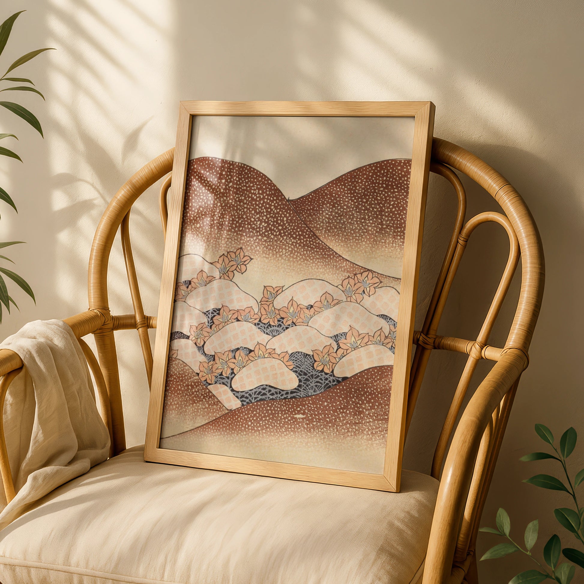 Japanese Botanical Print, Vintage Woodblock Wall Art, Floral Japandi Poster, Terracotta Waves – A5 White frame