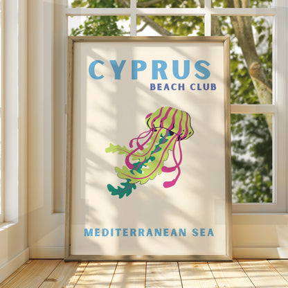 Cyprus Travel Poster, Mediterranean Sea Beach Wall Art, Retro Jellyfish Print