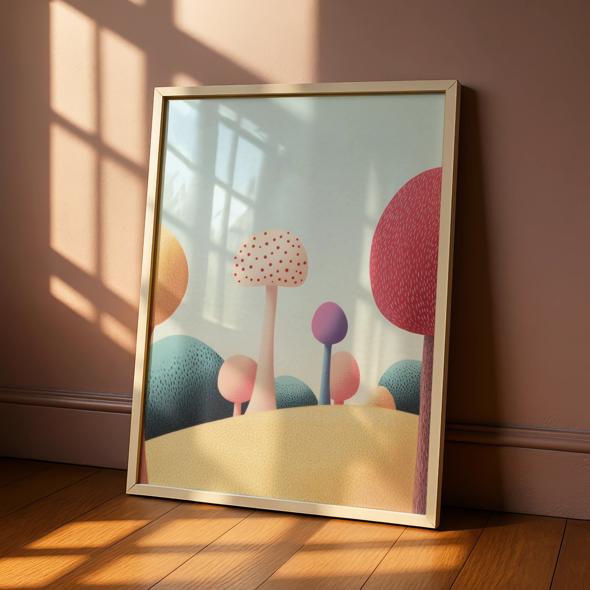 Mushroom Nursery Wall Art, Colourful Whimsical Forest Print, Kids Room Poster Decor
