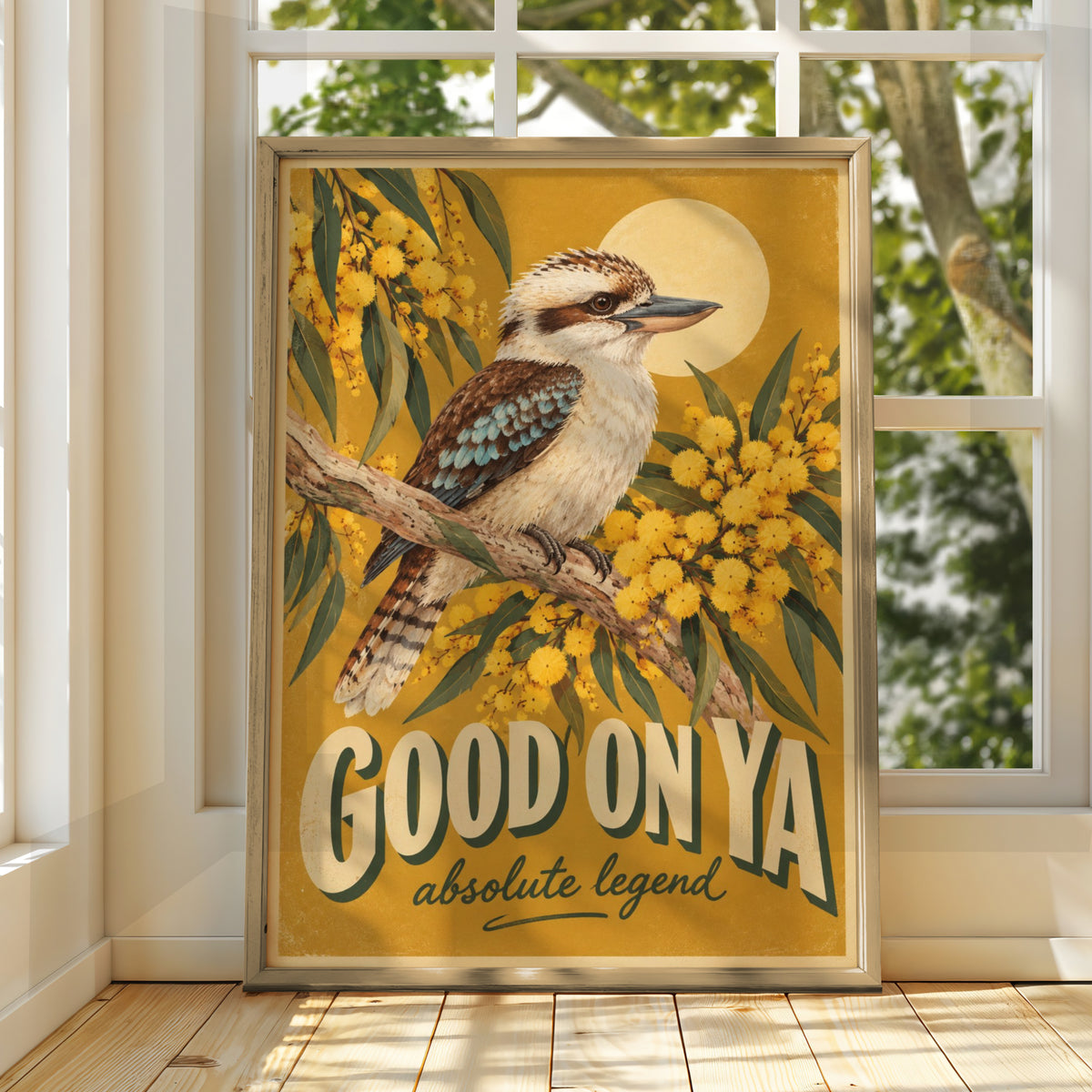 Kookaburra Good On Ya Poster, Retro Style Australian Wall Art, Wattle Bird Print