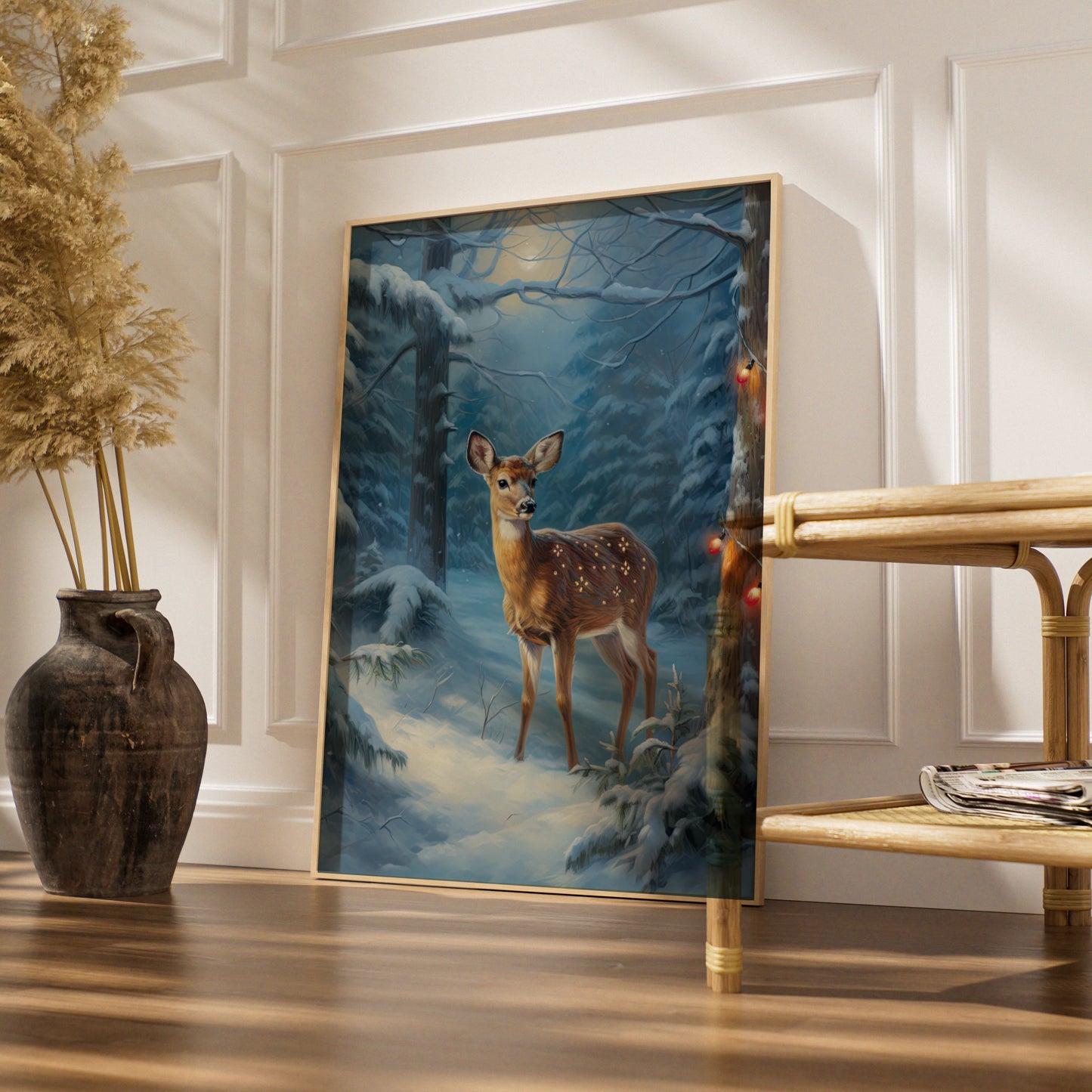 Christmas Deer Poster, Winter Forest Fawn Wall Art, Snowy Woodland Festive Print, Holiday Decor