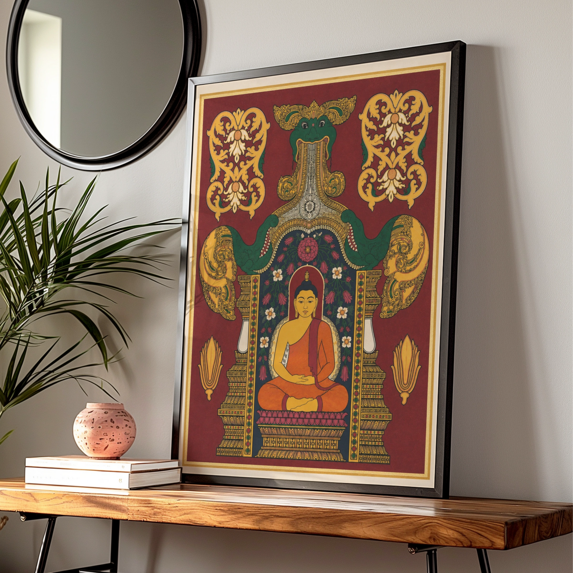 Buddha Poster, Indian Art Print, Meditation Wall Art, Naga Serpent, Floral Temple Decor