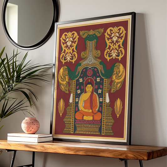 Buddha Poster, Indian Art Print, Meditation Wall Art, Naga Serpent, Floral Temple Decor