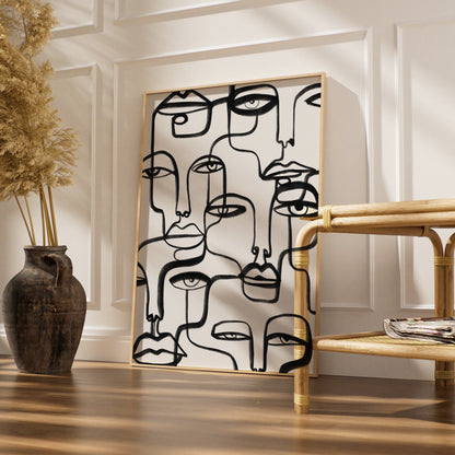 Abstract Faces Line Art, Black and White Poster, Monochrome Wall Art, Modern Minimalist Print