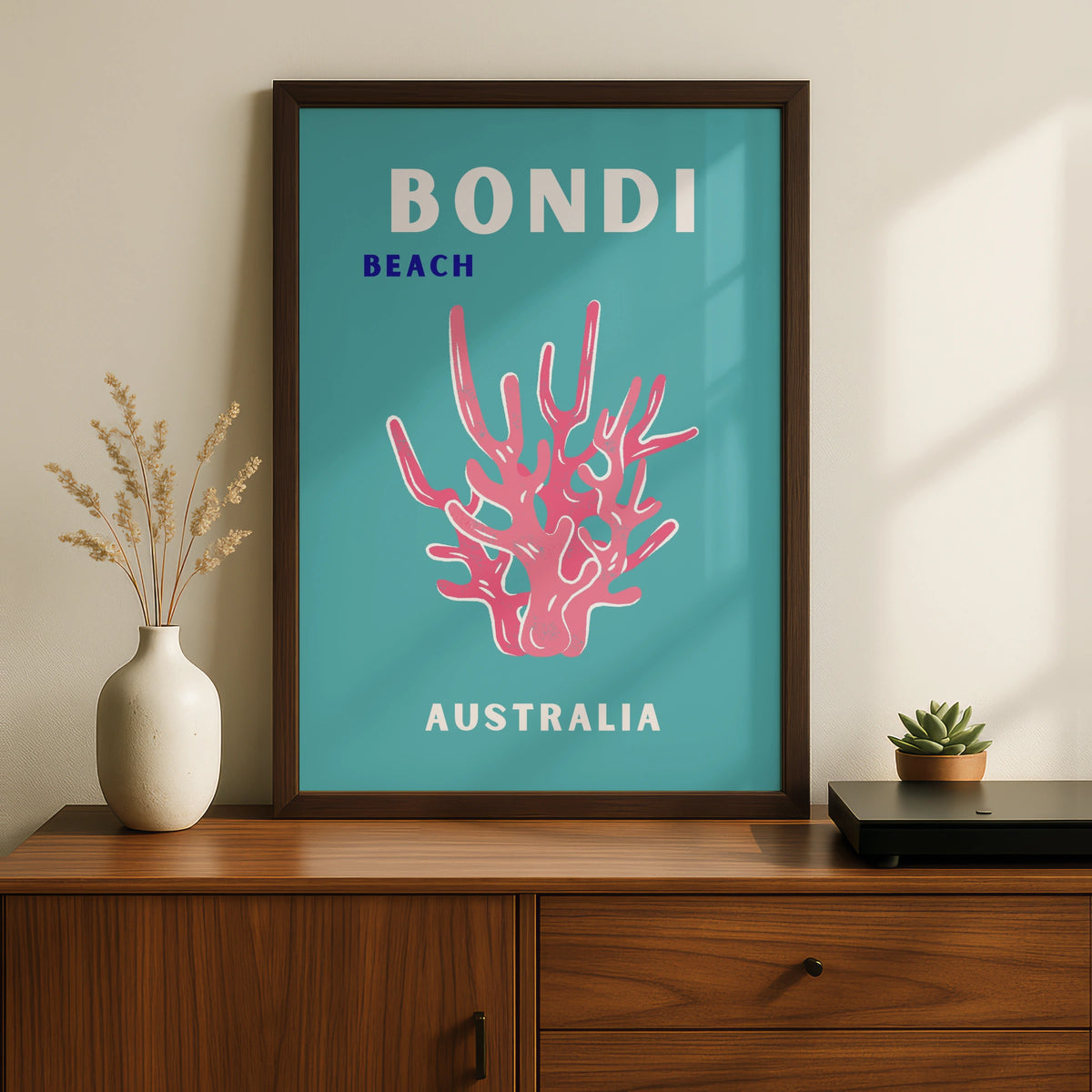 Bondi Beach Australia Travel Poster, Retro Coastal Wall Art, Teal Coral Print