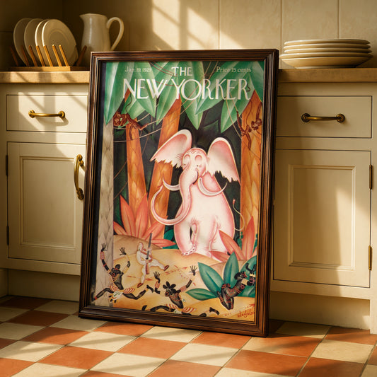 New Yorker 1929 Pink Elephant Jungle Cover Art Poster, Vintage Magazine Wall Art