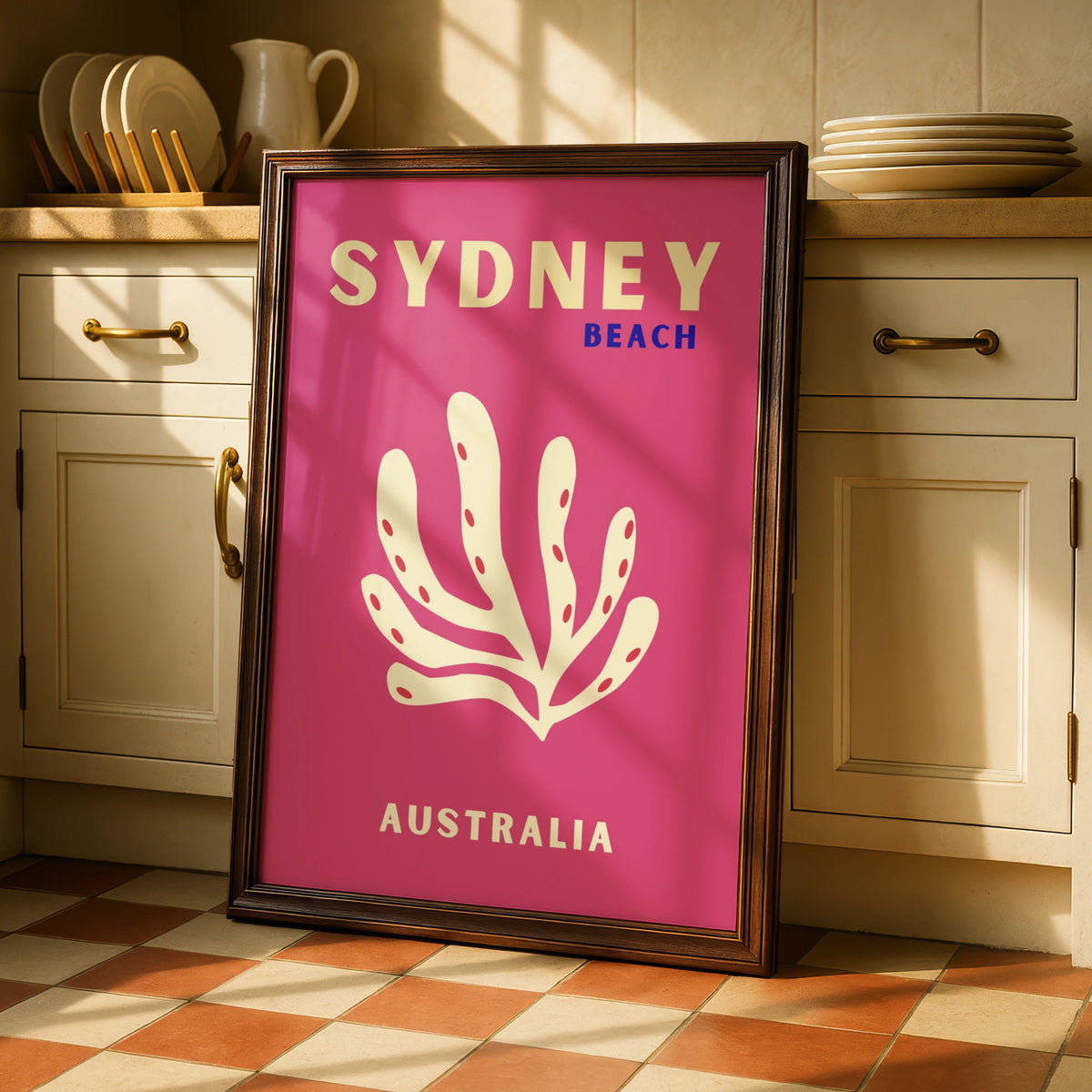 Sydney Beach Australia Travel Poster, Retro Coral Wall Art, Pink Australian Print