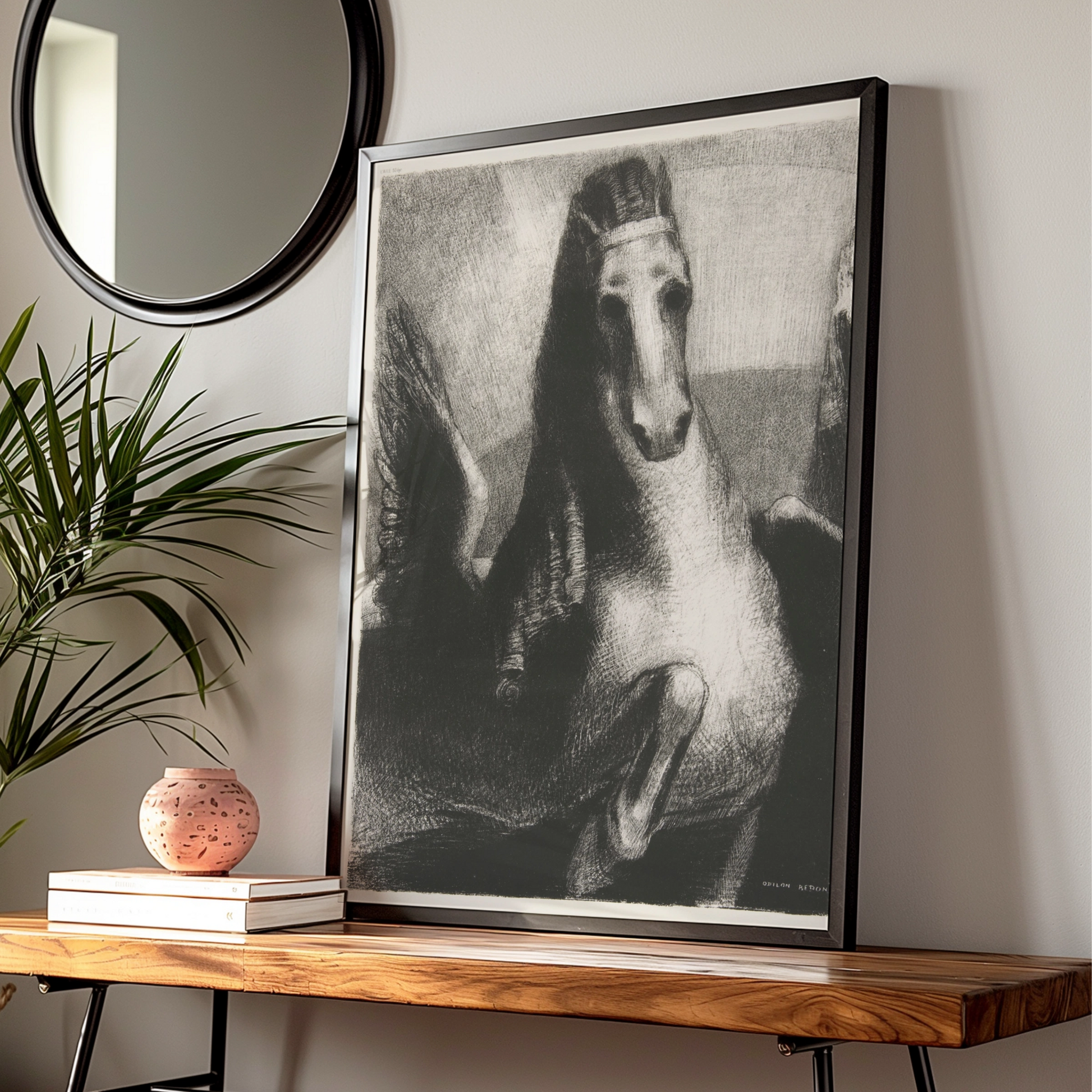 Odilon Redon Dark Horse Poster, Halloween Gothic Wall Art, Surreal Black Print