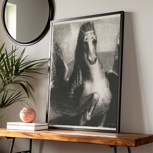 Odilon Redon Dark Horse Poster, Halloween Gothic Wall Art, Surreal Black Print
