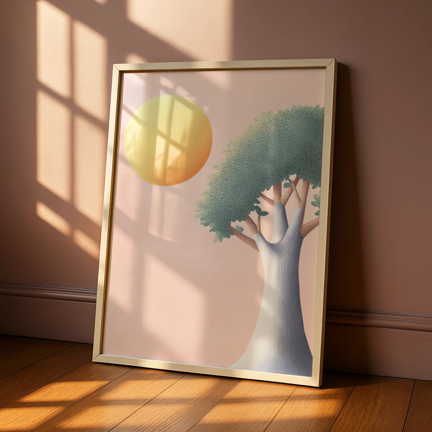 Nursery Tree Wall Art, Pastel Sun Print, Baby Room Poster, Soft Pink Children's Decor