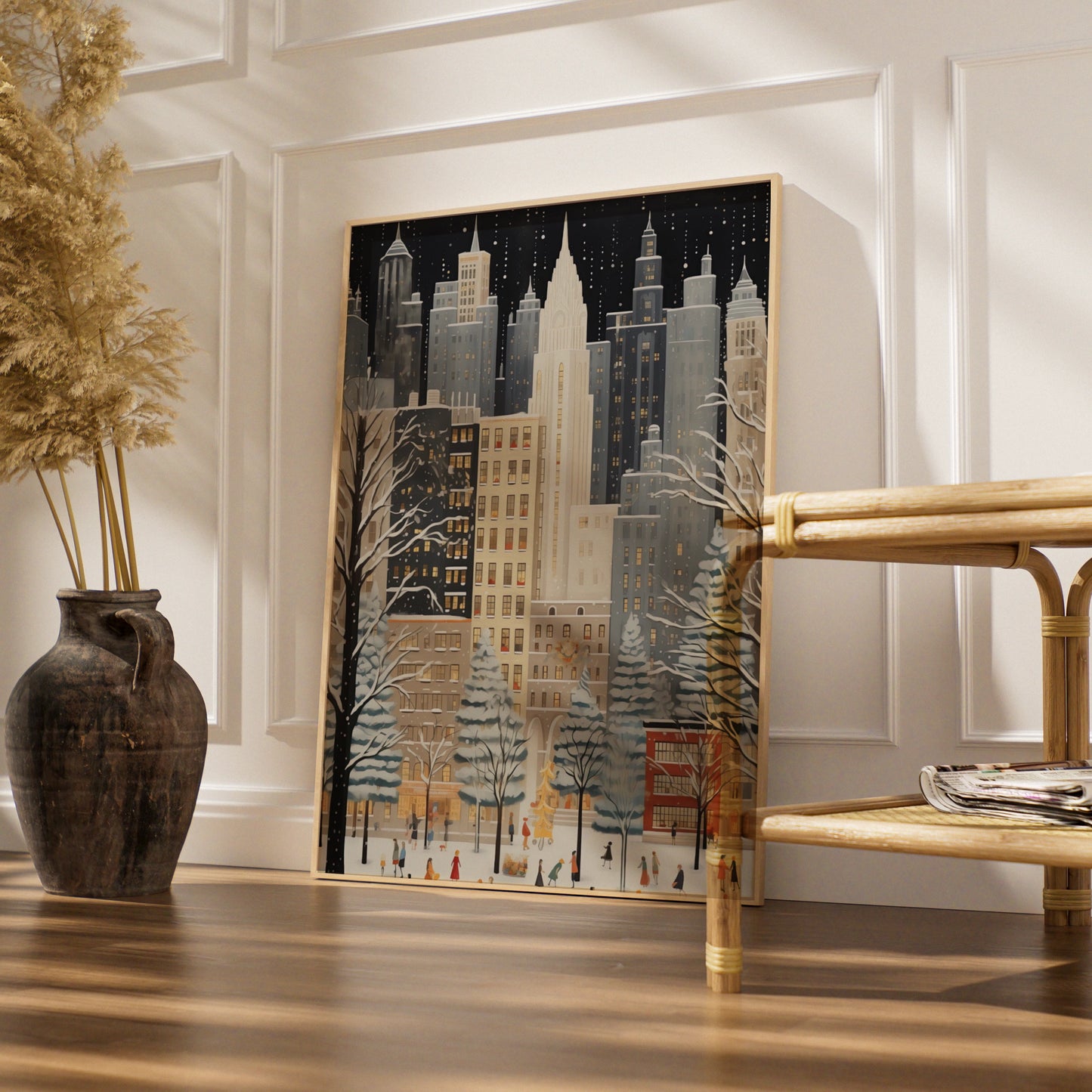 Christmas New York City Poster, Winter Snowfall Skyline Art, Festive NYC Wall Art Print