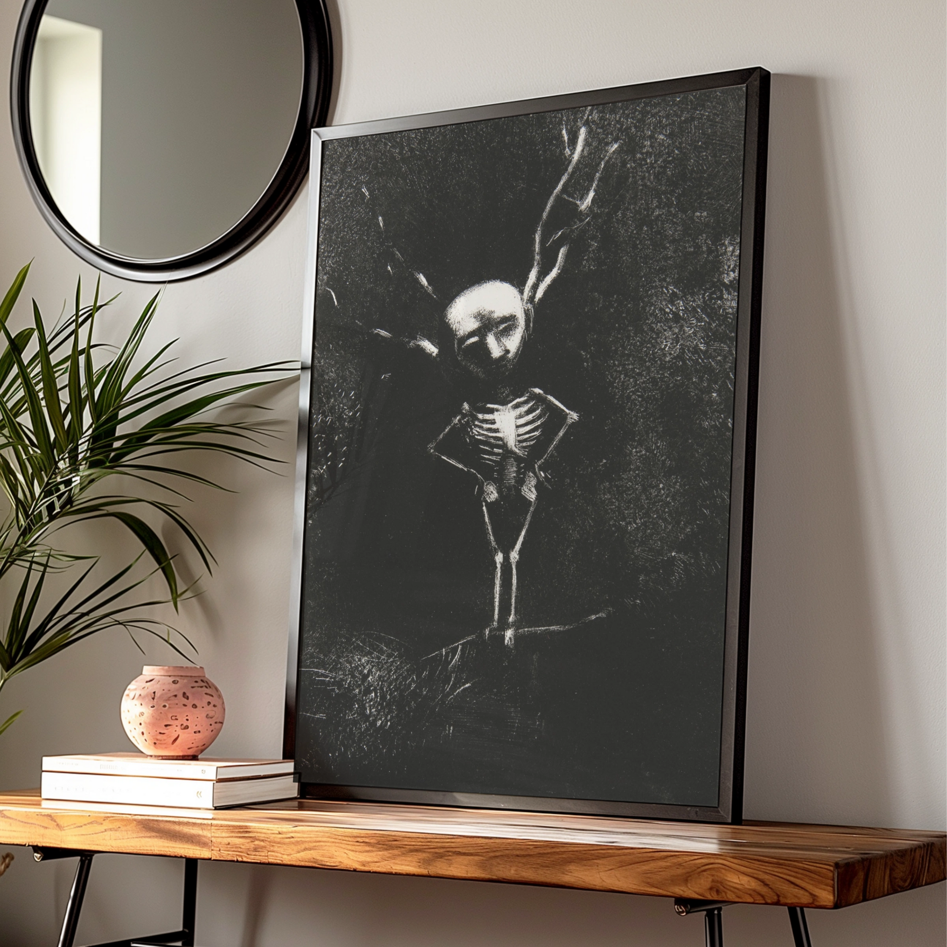 Dark Skeleton Halloween Art Print, Gothic Skull Poster, Spooky Black Wall Art, Occult Macabre Decor