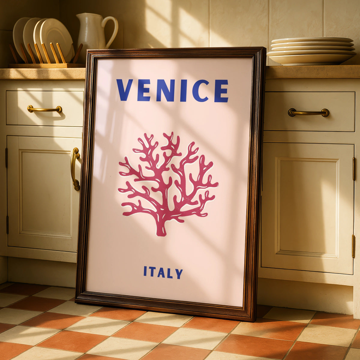 Venice Italy Travel Poster, Retro Coral Wall Art, Italian City Print, Pink Blue Home Decor