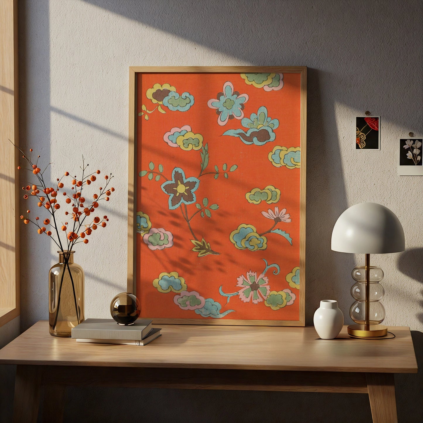 Vintage Japanese Botanical Print, Floral Woodblock Wall Art, Orange Japandi Poster – A4 print