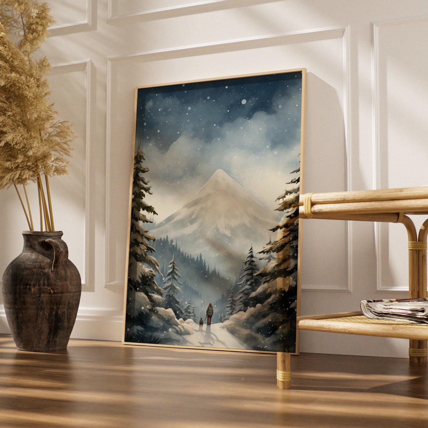 Christmas Winter Mountain Poster, Snowy Forest Walk Dog Print, Festive Wall Art