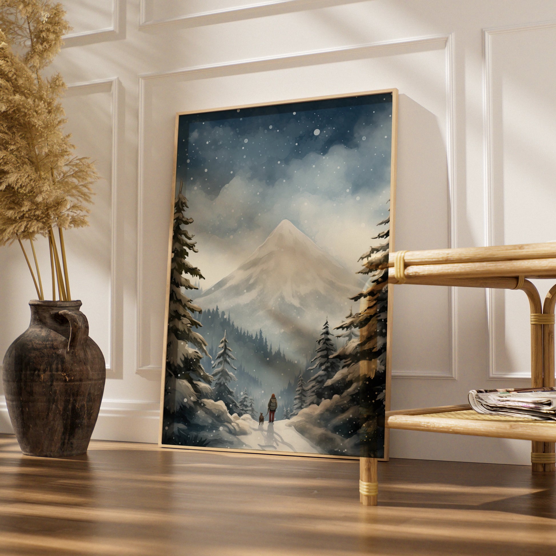 Christmas Winter Mountain Poster, Snowy Forest Walk Dog Print, Festive Wall Art