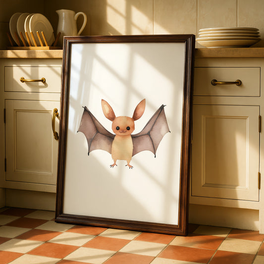 Cute Bat Nursery Wall Art, Watercolour Animal Poster, Kids Room Decor Print