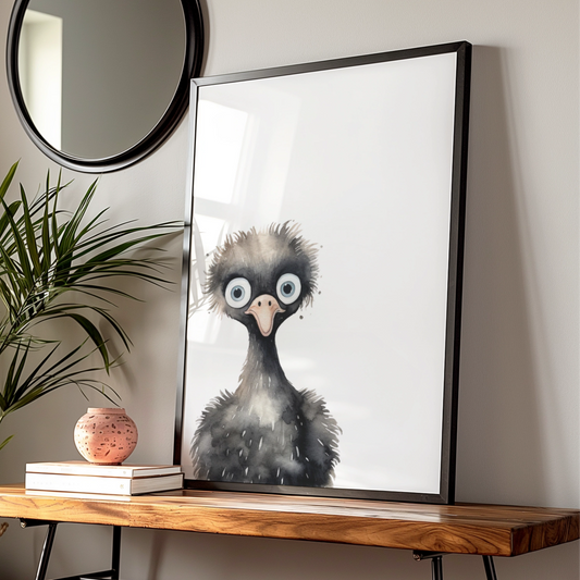 Emu Nursery Wall Art, Cute Watercolour Bird Poster, Kids Room Animal Print