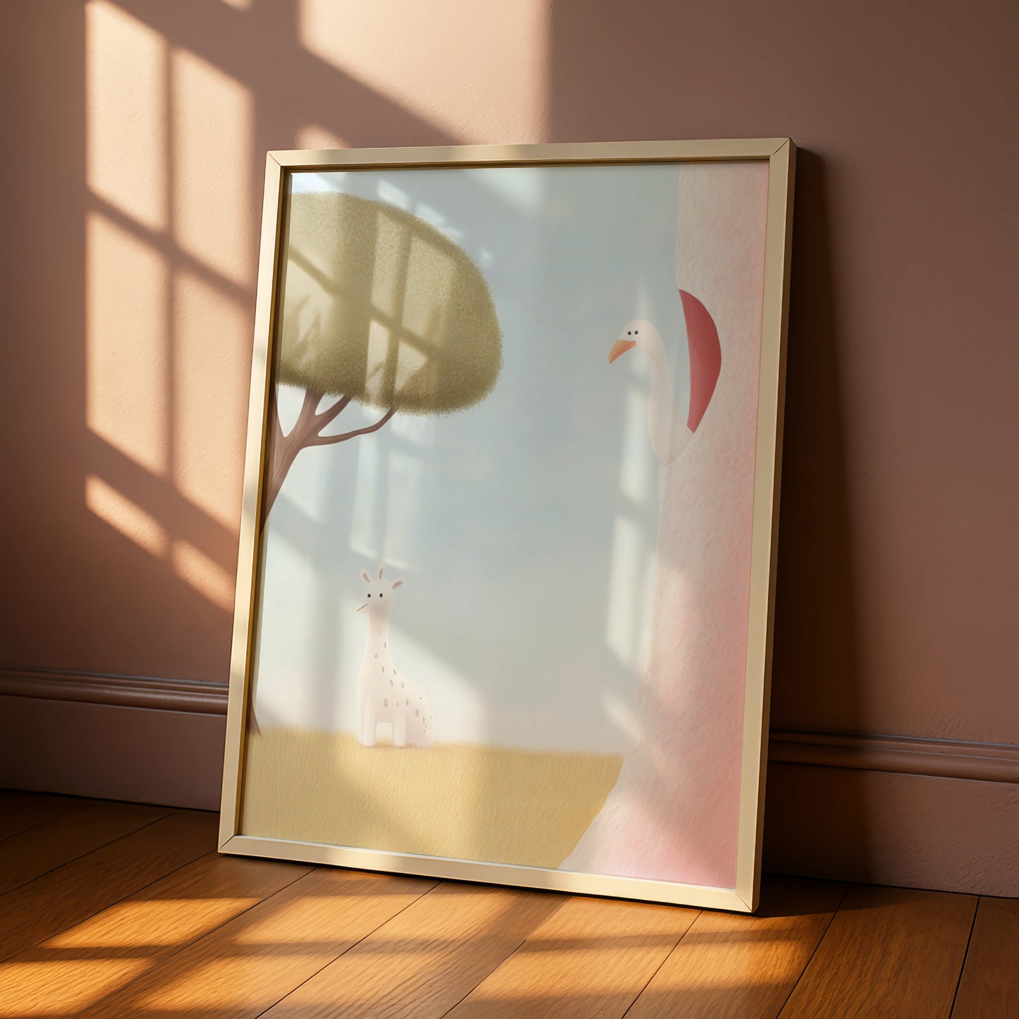Nursery Wall Art Giraffe Swan Print, Baby Animal Poster, Pastel Kids Room Decor
