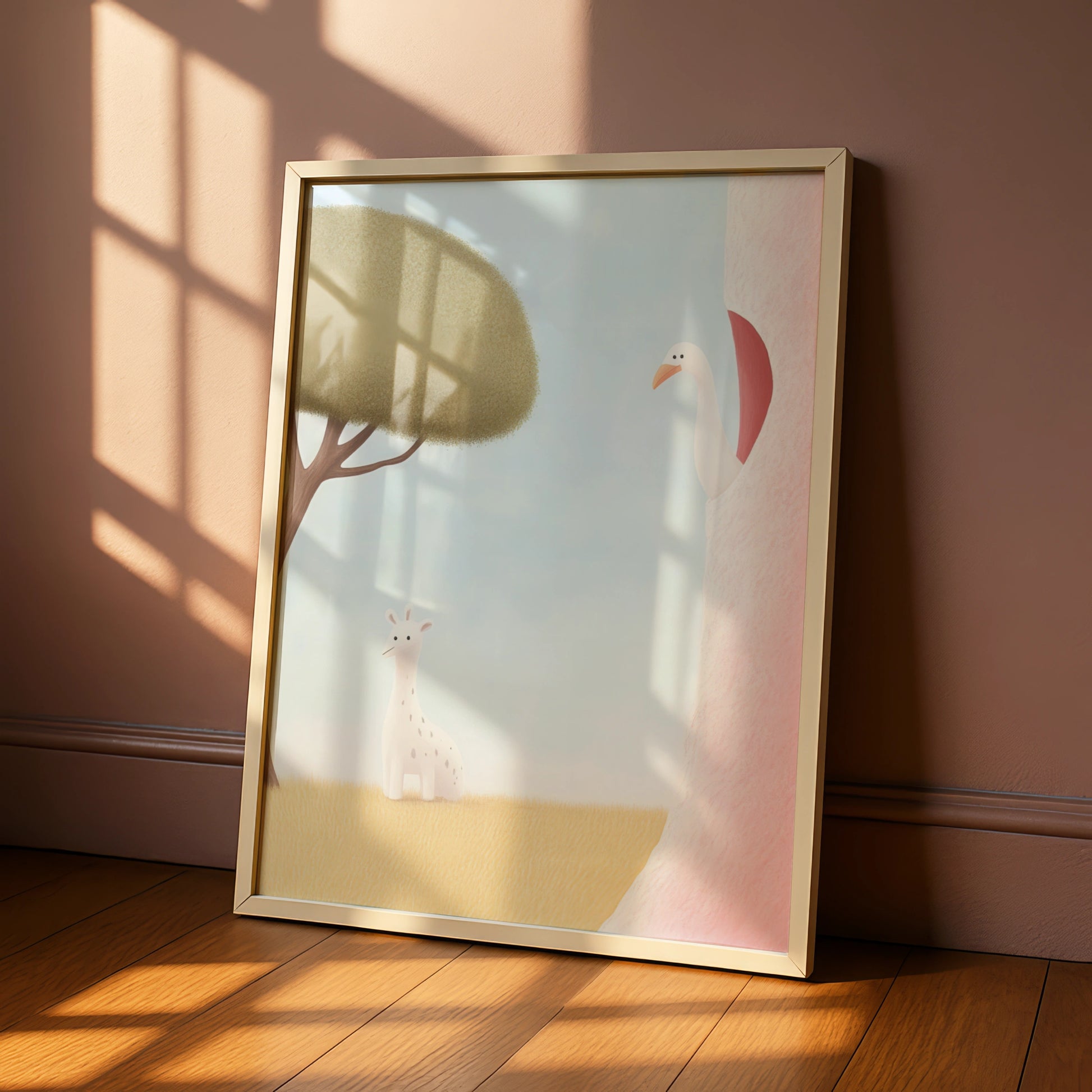 Nursery Wall Art Giraffe Swan Print, Baby Animal Poster, Pastel Kids Room Decor