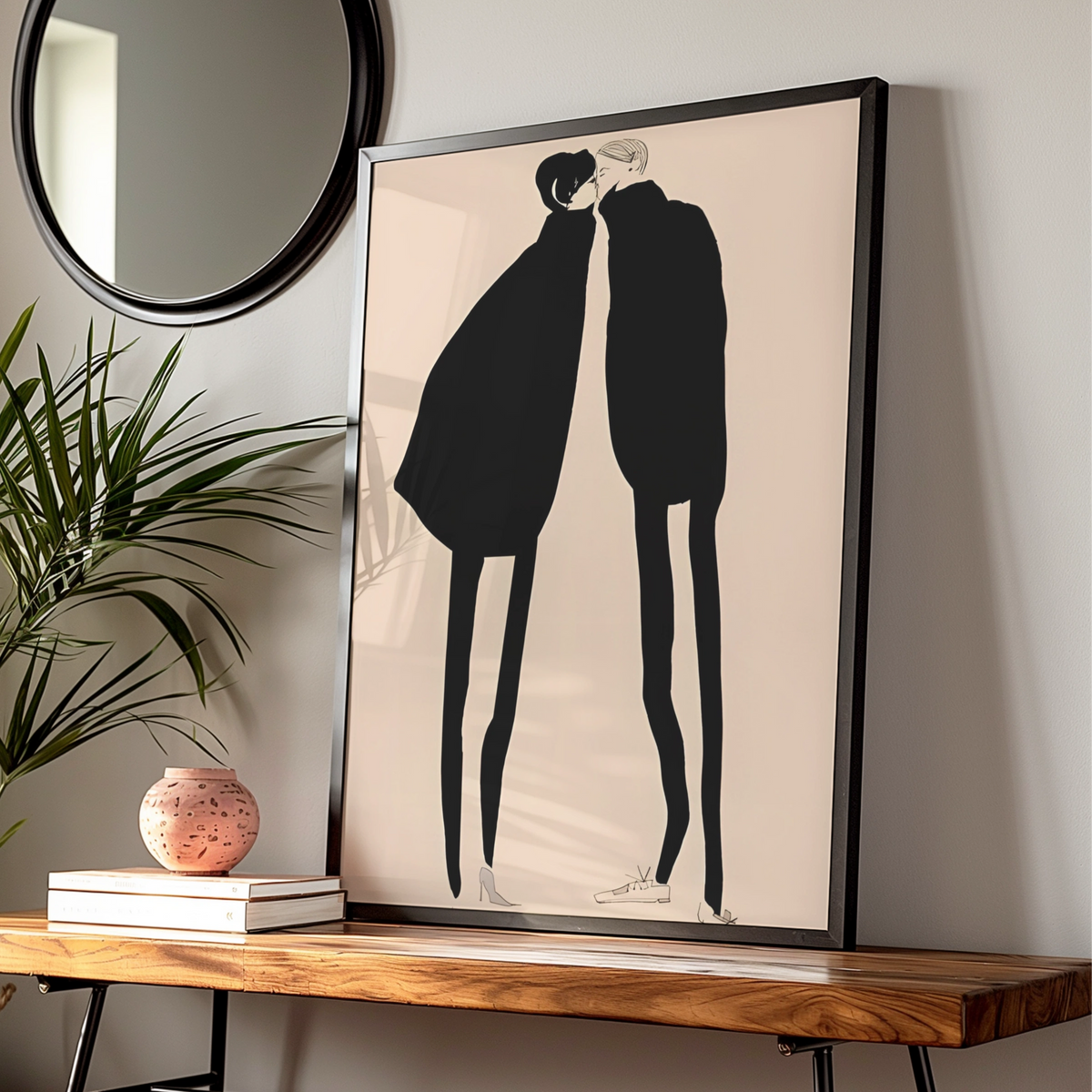 Kissing Couple Silhouette Print, Monochrome Wall Art, Minimalist Romantic Poster, Modern Neutral — Digital Download