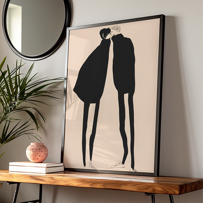 Kissing Couple Silhouette Print, Monochrome Wall Art, Minimalist Romantic Poster, Modern Neutral — Digital Download