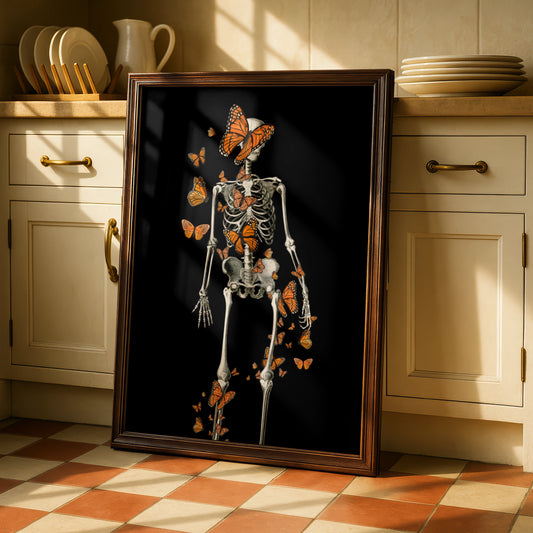 Skeleton Butterfly Halloween Poster, Monarch Gothic Wall Art, Dark Spooky Print