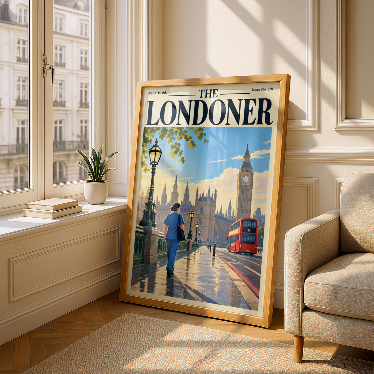 London Poster, Westminster Big Ben Wall Art, Vintage Magazine Cover Art Print, Red Bus, Living Room