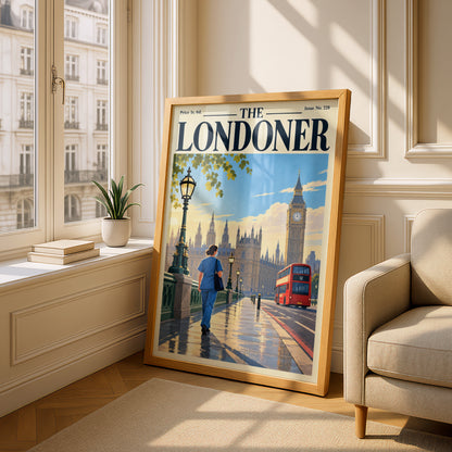 London Poster, Westminster Big Ben Wall Art, Vintage Magazine Cover Art Print, Red Bus, Living Room