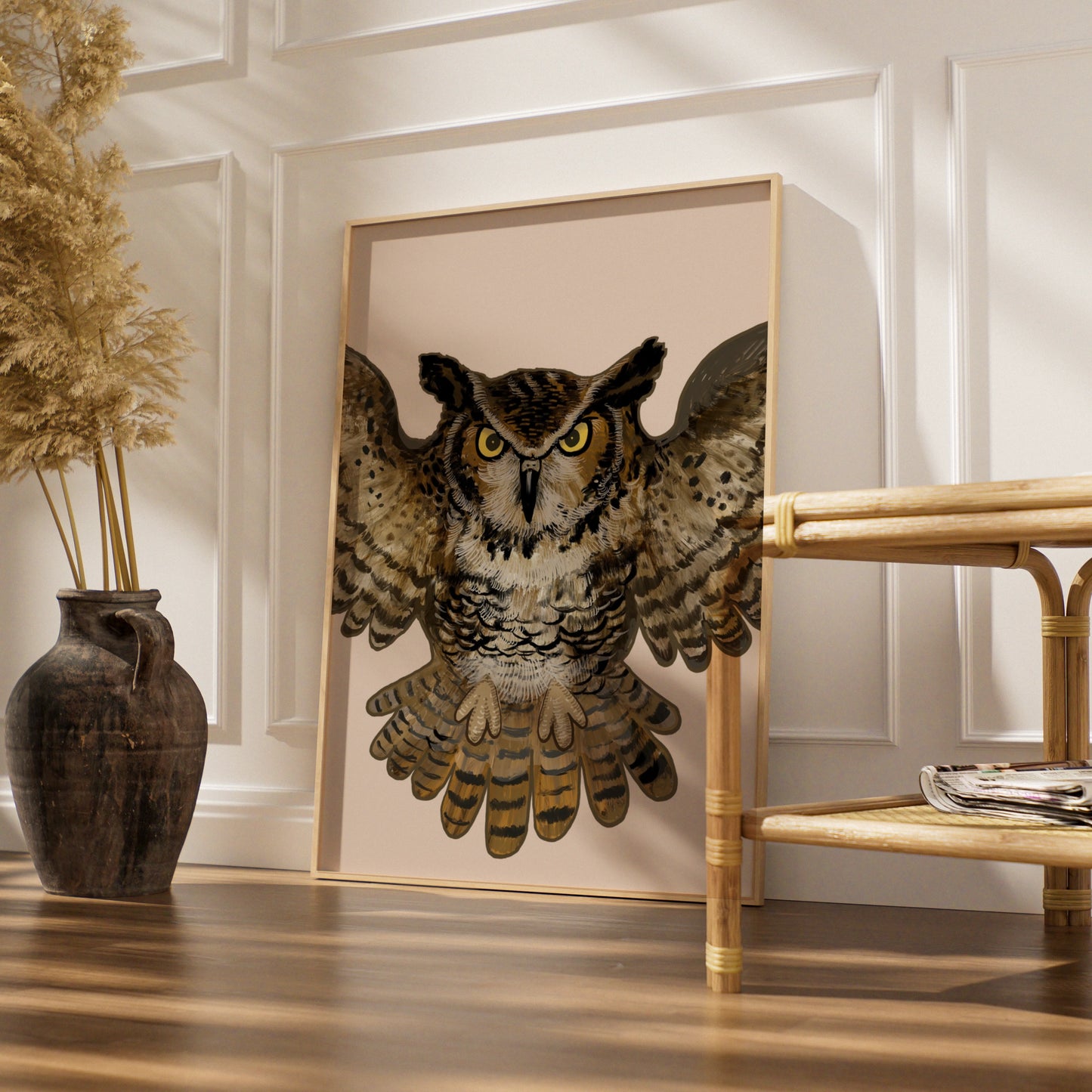 Halloween Owl Poster, Spooky Owl Wall Art, Great Horned Owl Print, Brown Bird Art