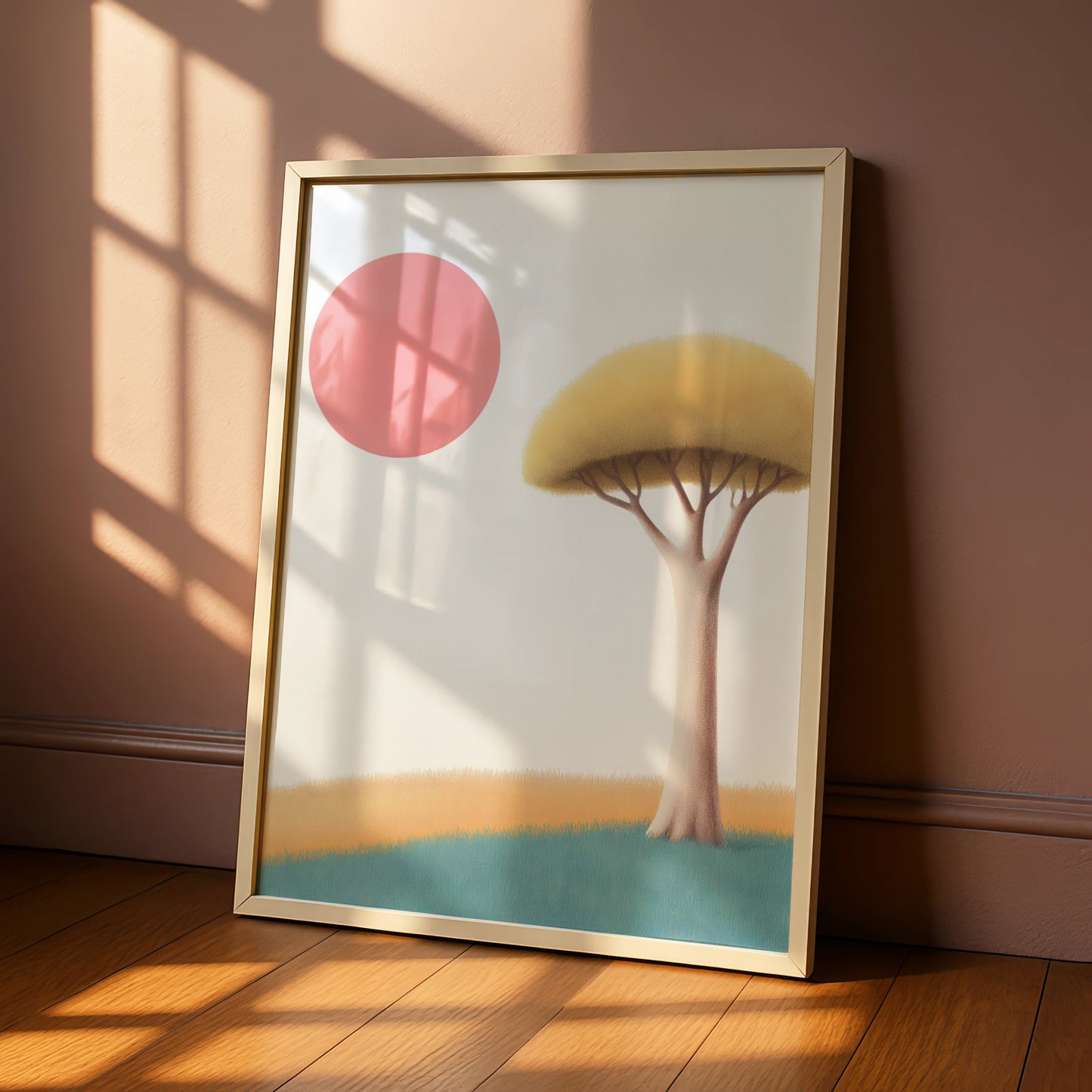 Nursery Wall Art Tree Print, Pink Sun Poster, Minimalist Kids Room Decor, Pastel Colours