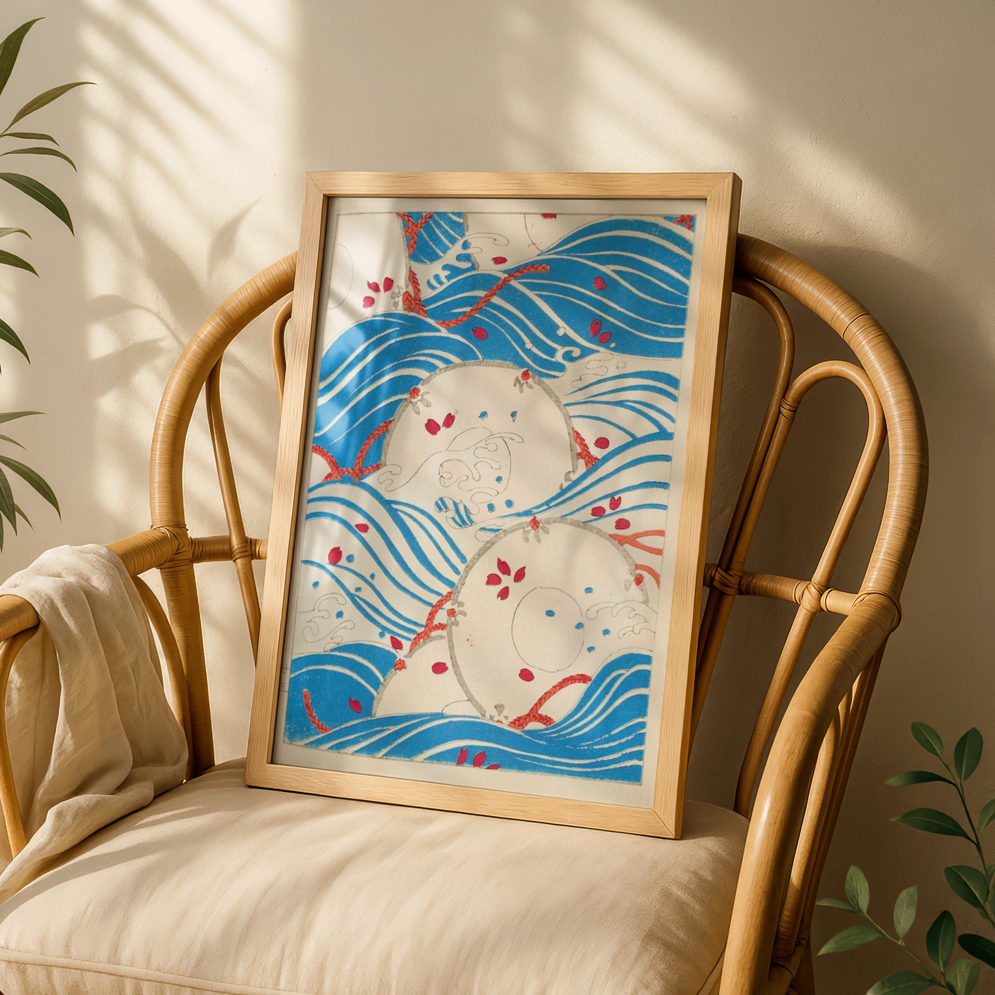 Japanese Woodblock Wave Art, Vintage Bijutsukai Print, Floral Japandi Wall Poster – A5 White frame