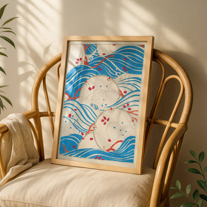 Japanese Woodblock Wave Art, Vintage Bijutsukai Print, Floral Japandi Wall Poster – A5 White frame