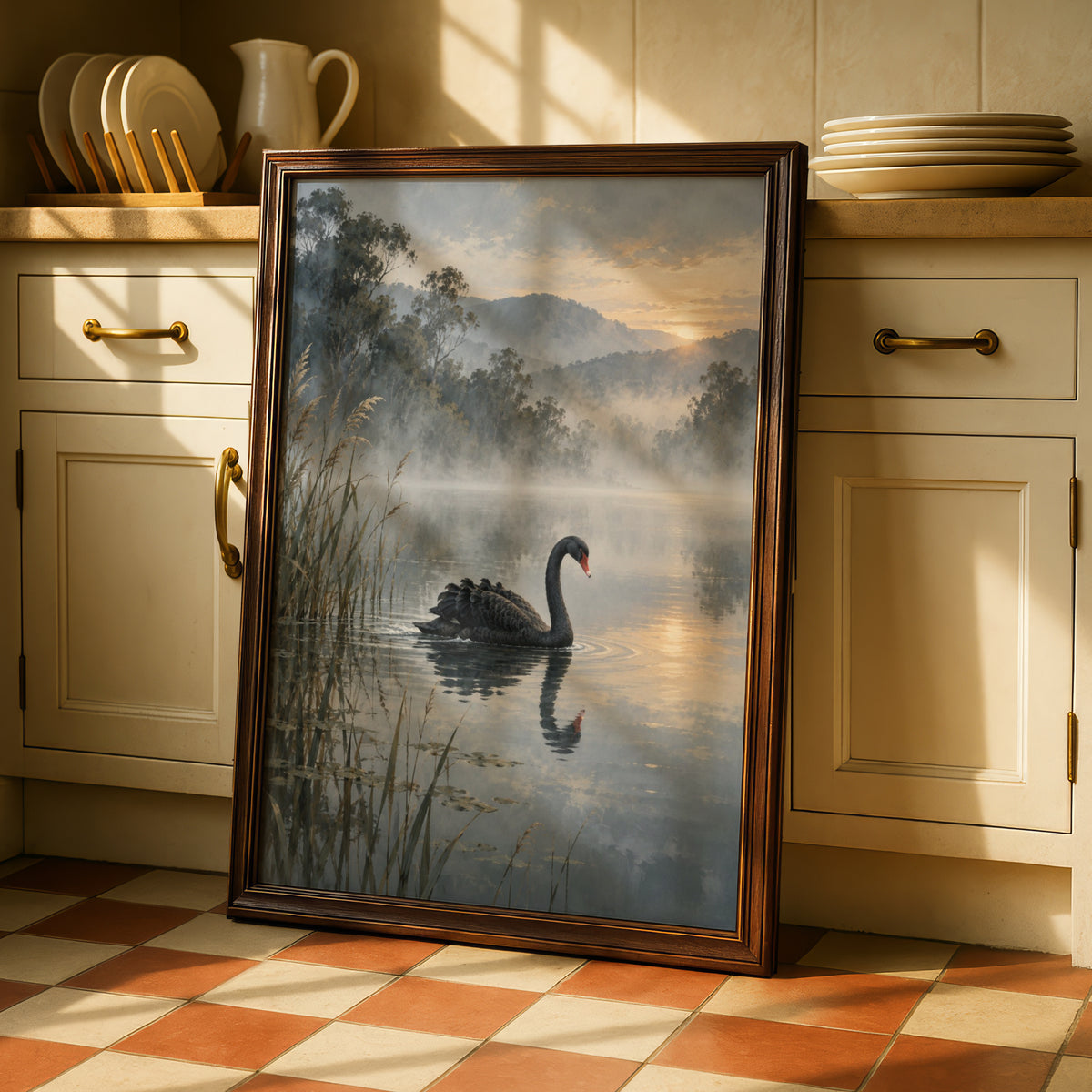 Black Swan Print, Australian Landscape Wall Art, Misty Lake Nature Poster, Wildlife Art