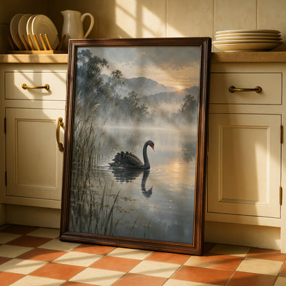 Black Swan Print, Australian Landscape Wall Art, Misty Lake Nature Poster, Wildlife Art