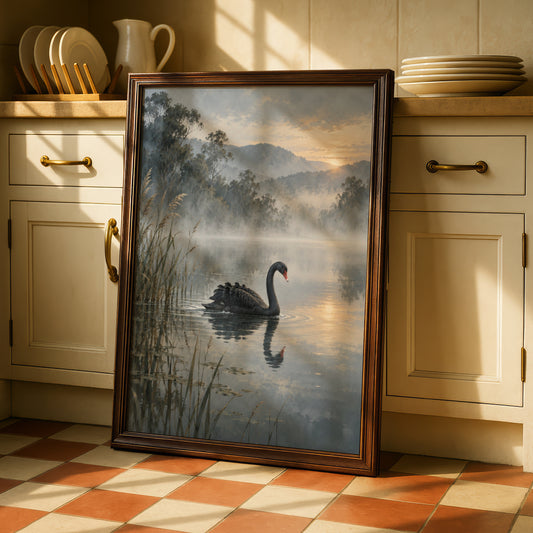 Black Swan Print, Australian Landscape Wall Art, Misty Lake Nature Poster, Wildlife Art
