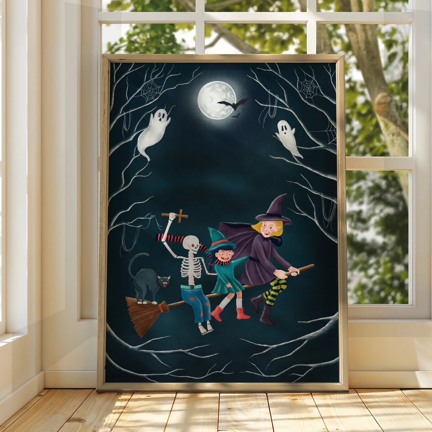 Halloween Witch Poster, Spooky Wall Art, Skeleton Ghost Black Cat Full Moon Print