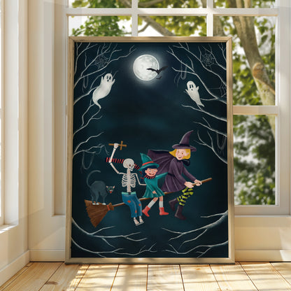 Halloween Witch Poster, Spooky Wall Art, Skeleton Ghost Black Cat Full Moon Print