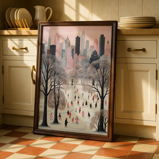 Christmas New York City Winter Poster, Central Park Ice Skating Wall Art Print