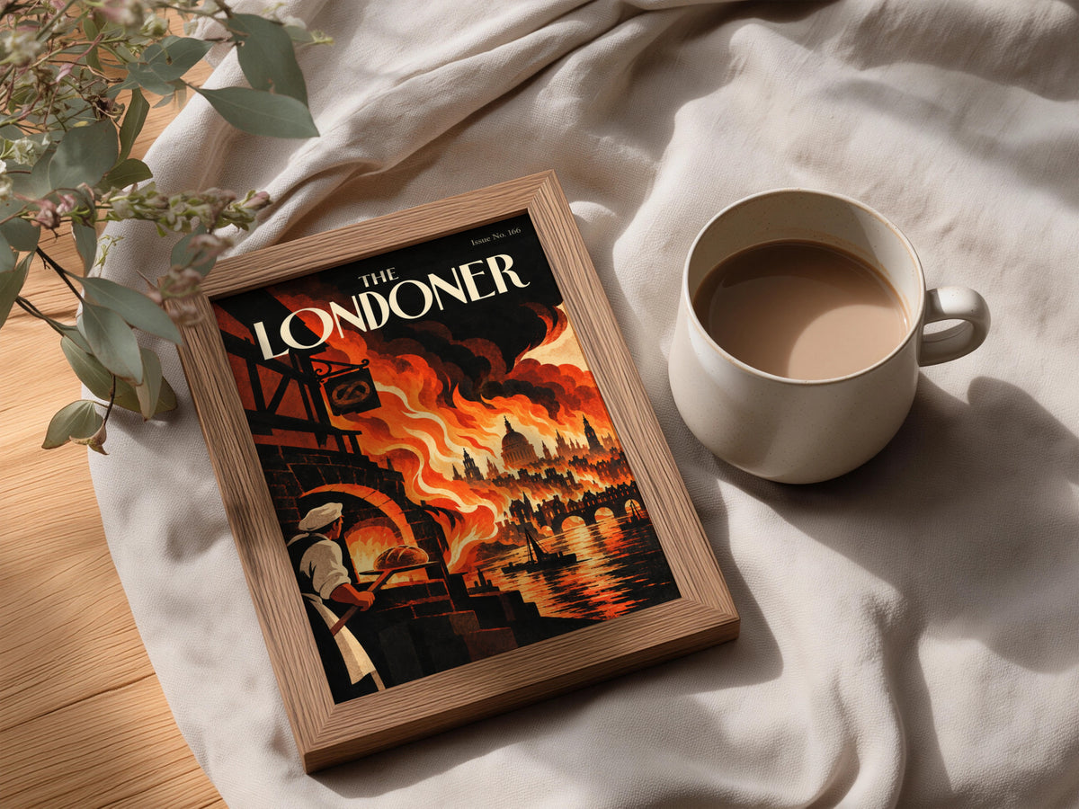 Great Fire of London Poster, Vintage Magazine Cover Wall Art, Baker and Flames Art Print