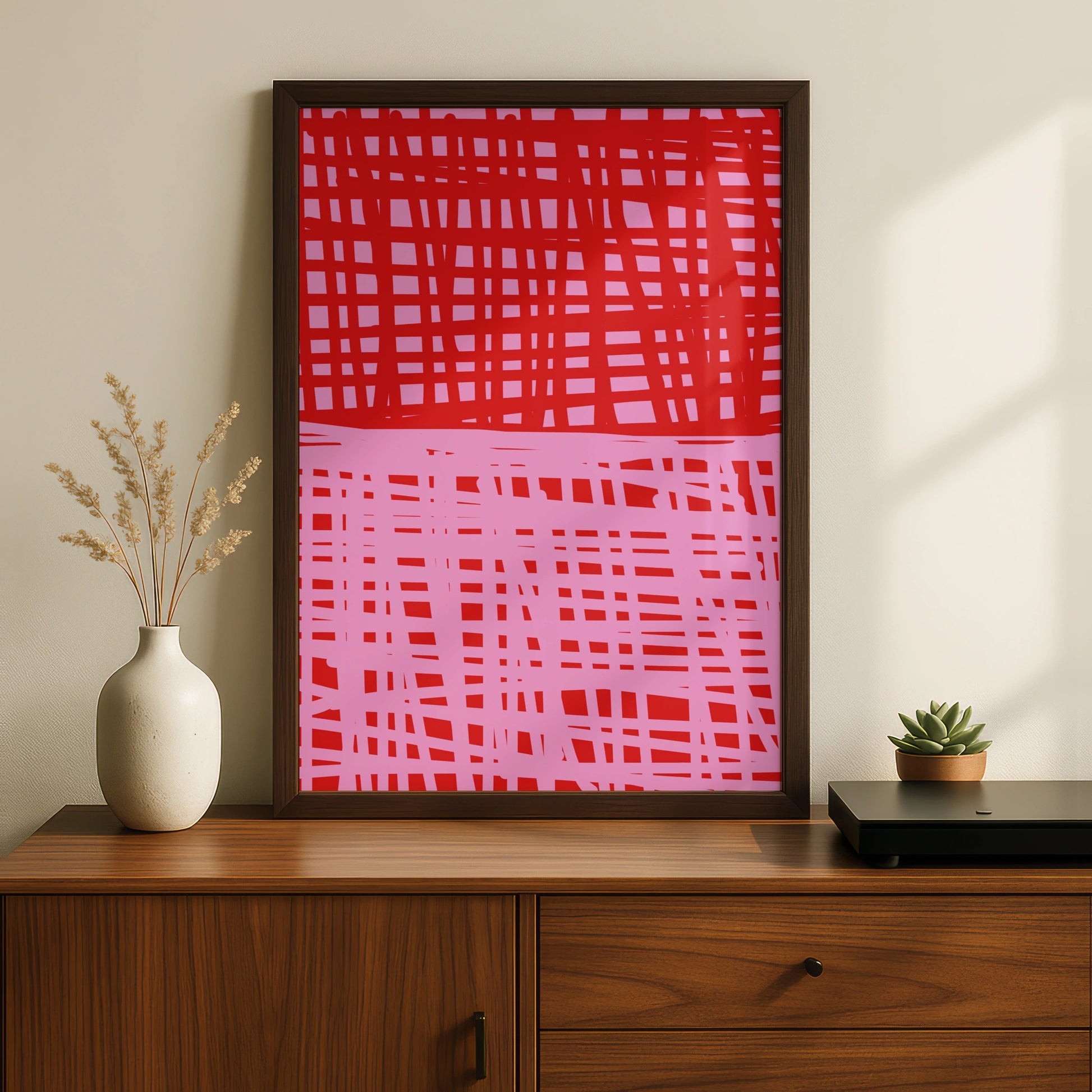 Maximalist Red Pink Grid Pattern Poster, Bold Abstract Wall Art, Modern Graphic Print