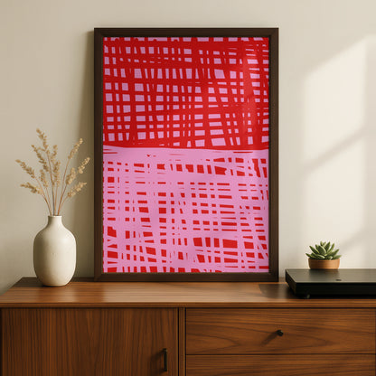 Maximalist Red Pink Grid Pattern Poster, Bold Abstract Wall Art, Modern Graphic Print