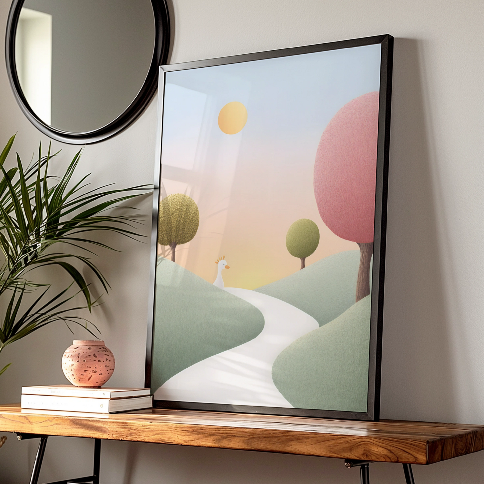 Nursery Wall Art Whimsical Landscape Print, Pastel Baby Room Poster, Cute Bird Decor