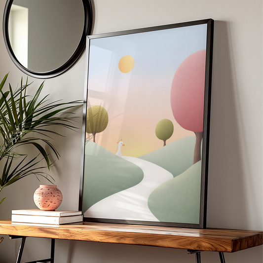 Nursery Wall Art Whimsical Landscape Print, Pastel Baby Room Poster, Cute Bird Decor