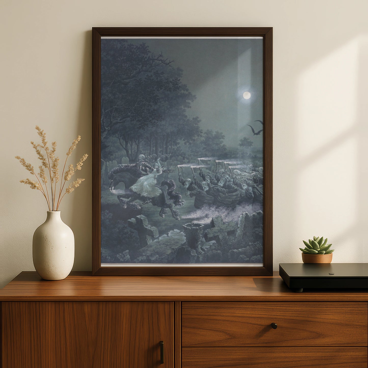 Halloween Skeleton Horseman Graveyard Poster, Gothic Horror Wall Art, Dark Moonlit Cemetery Print