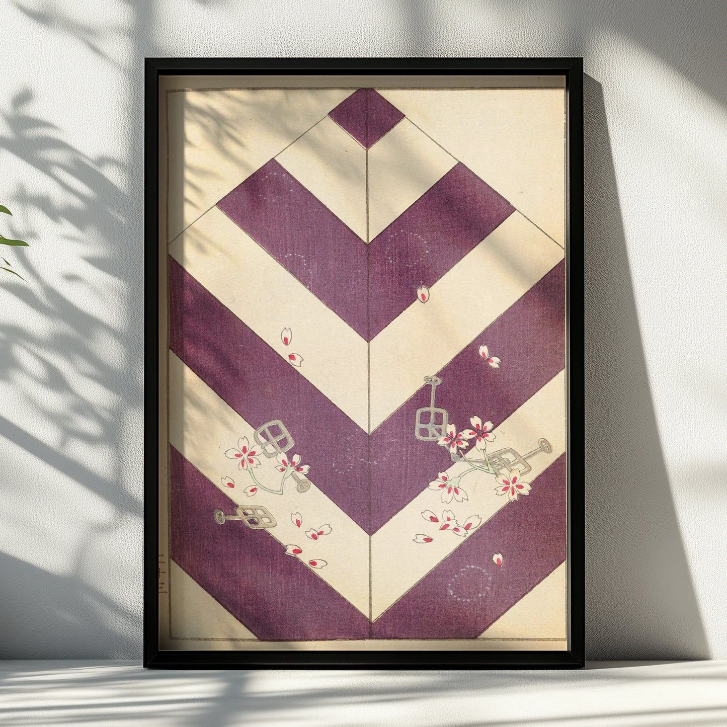 Japanese Woodblock Wall Art, Vintage Bijutsukai 1901 Purple Chevron Cherry Blossom Print – A4 Black frame