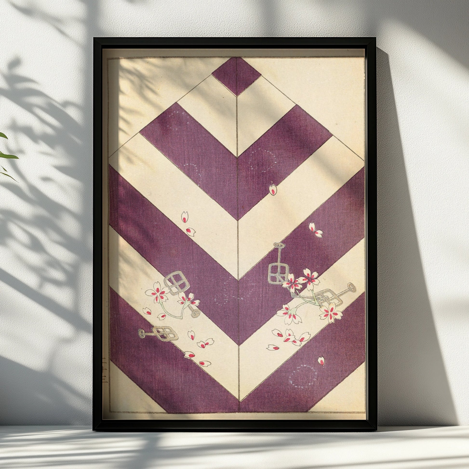 Japanese Woodblock Wall Art, Vintage Bijutsukai 1901 Purple Chevron Cherry Blossom Print – A4 Black frame