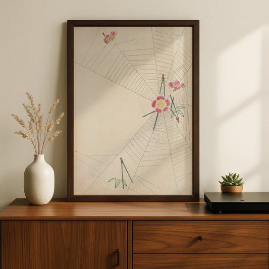 Japanese Botanical Print, Floral Spider Web Wall Art, Vintage Japandi Poster, Minimalist Japanese – A5 Black frame