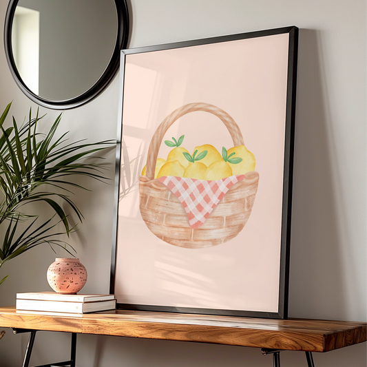 Lemon Basket Maximalist Poster, Fruit Kitchen Wall Art, Boho Cottagecore Print, Peach Gingham
