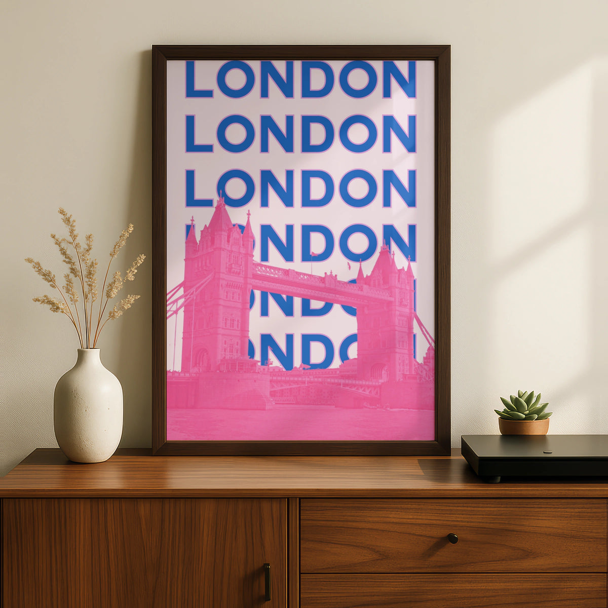 London Travel Poster, Tower Bridge Wall Art, Retro Bold Pink Blue UK Print